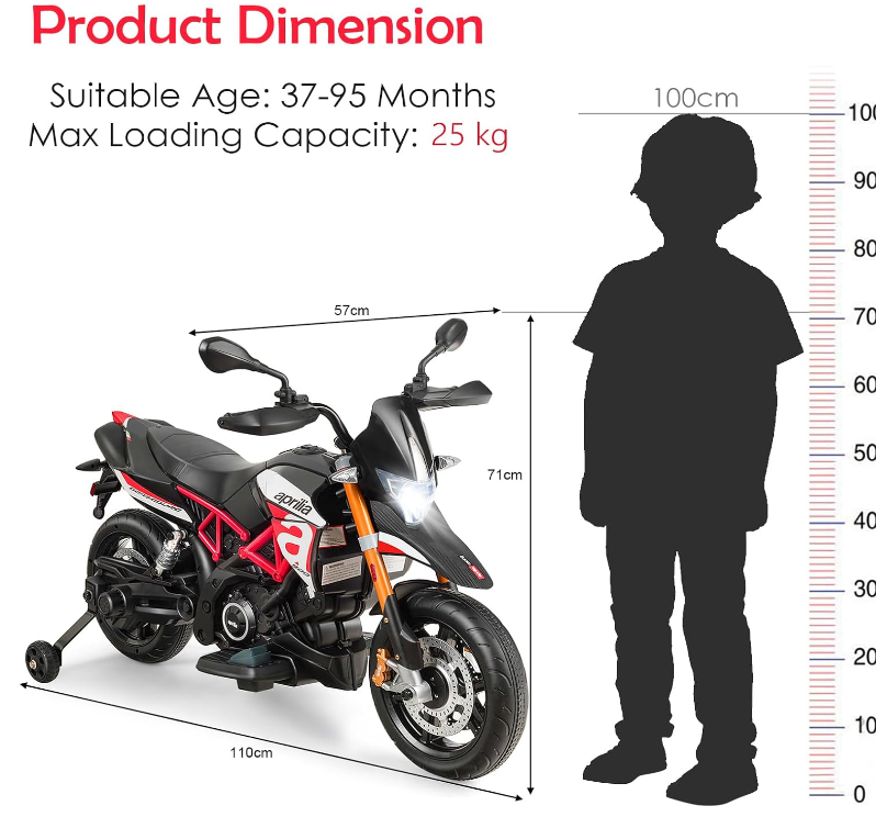 Licensed Aprilia 12V Electric Motorcycle, Battery Powered Kids Motorcycle w/ MP3 Player, LED Light, Spring Suspension, Chargeable Design, Training Wheels, Realistic Horn (Red)