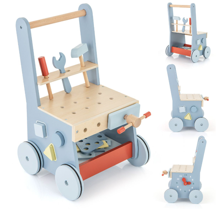 Rever Bebe 2-in-1 Wooden Toddler Push Walker and Tool Toy with Bottom Storage