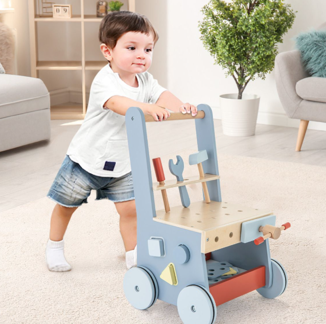 Rever Bebe 2-in-1 Wooden Toddler Push Walker and Tool Toy with Bottom Storage