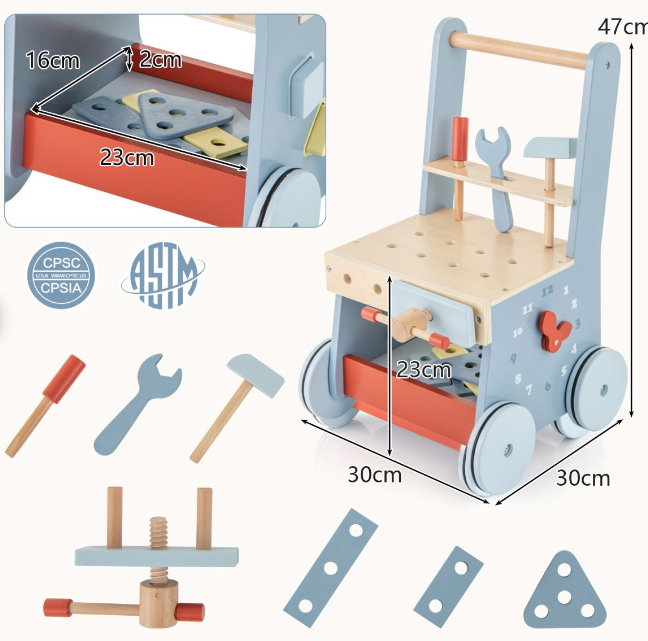 Rever Bebe 2-in-1 Wooden Toddler Push Walker and Tool Toy with Bottom Storage