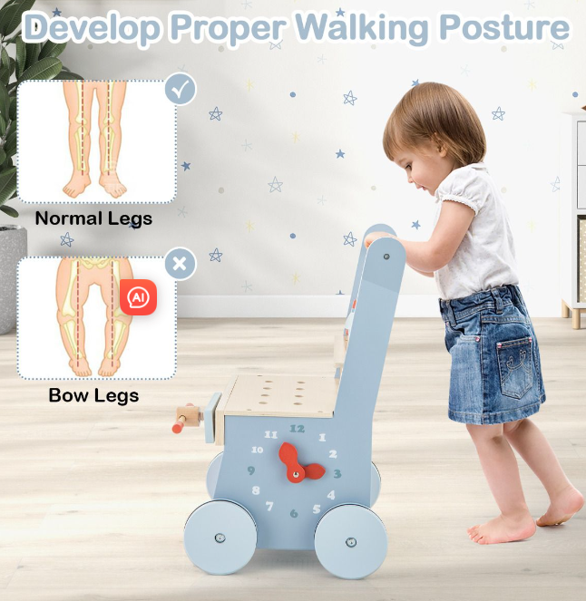 Rever Bebe 2-in-1 Wooden Toddler Push Walker and Tool Toy with Bottom Storage