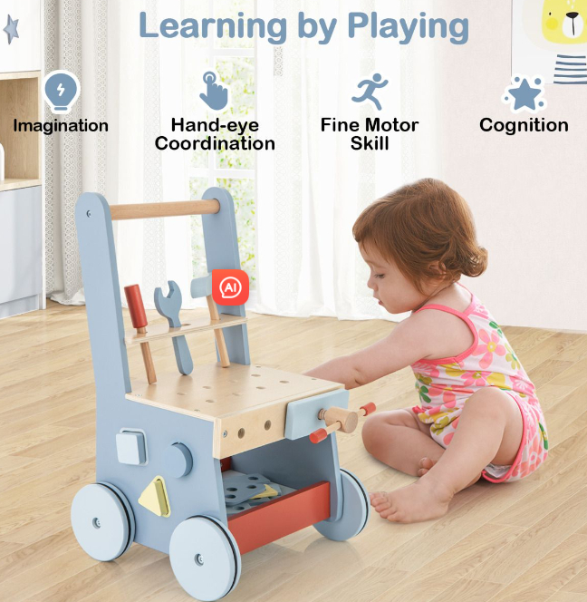 Rever Bebe 2-in-1 Wooden Toddler Push Walker and Tool Toy with Bottom Storage