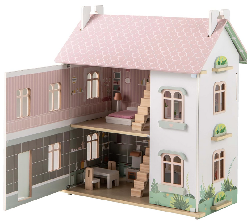 Kids Wooden Dollhouse with Double-Sided Roofs and Openable Doors