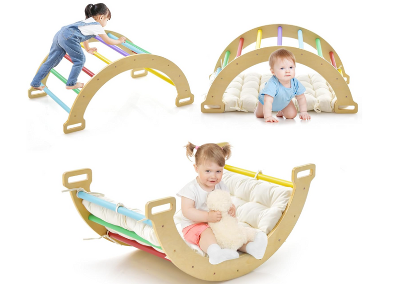 3-in-1 Double-Sided Wooden Arch Rocker with Plush Cushion for Children