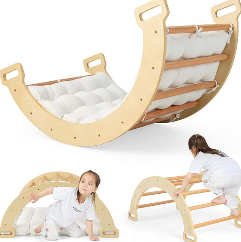 3-in-1 Double-Sided Wooden Arch Rocker with Plush Cushion for Children