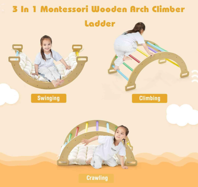 3-in-1 Double-Sided Wooden Arch Rocker with Plush Cushion for Children