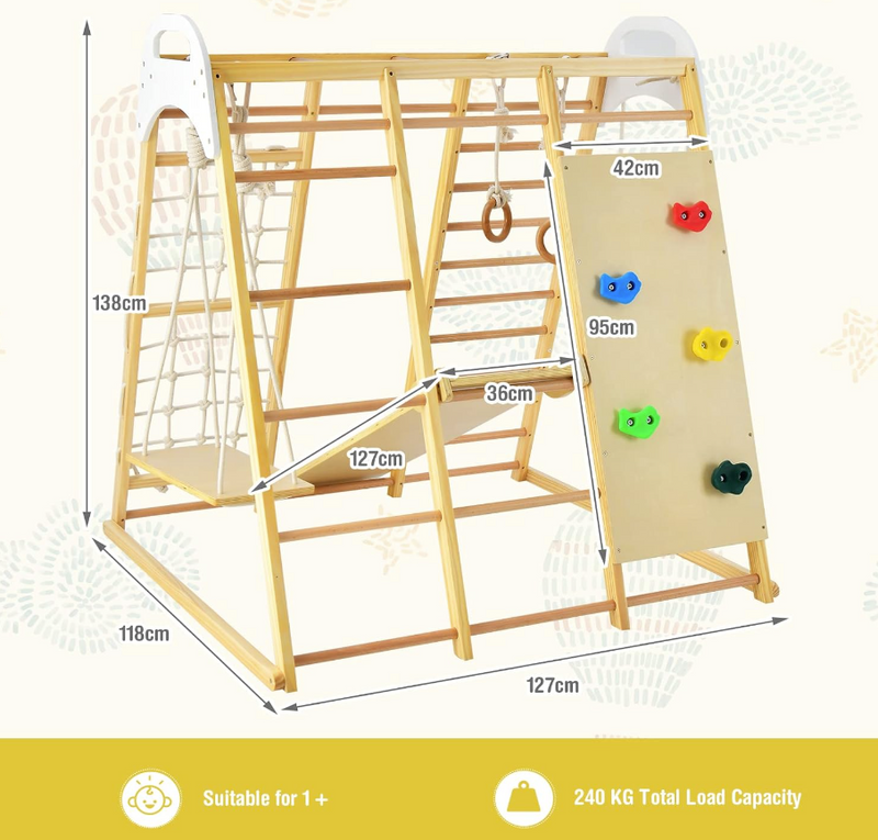 Rever Bebe Wooden 8-Feature Activity Gym Playset: Monkey Bars, Climbing Ladder