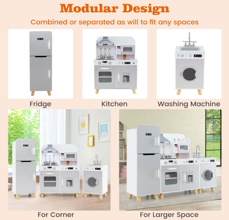 Modular Kids Kitchen Playset with Range Hood and Washing Machine