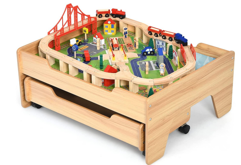 Kids Wooden Train Track Railway Set Table with 100 Multicolor Pieces