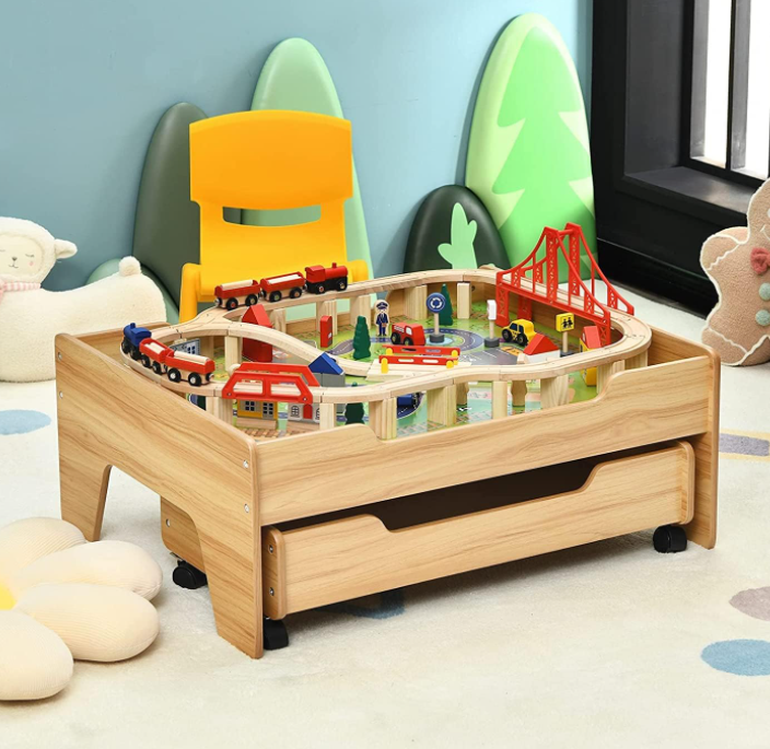 Kids Wooden Train Track Railway Set Table with 100 Multicolor Pieces