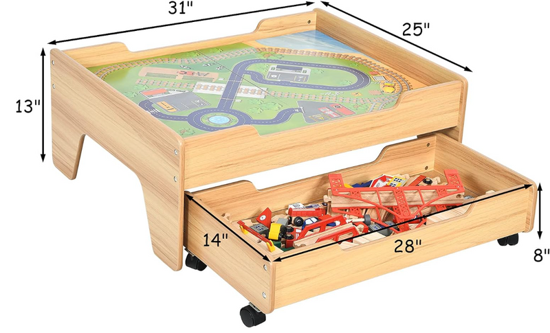 Kids Wooden Train Track Railway Set Table with 100 Multicolor Pieces