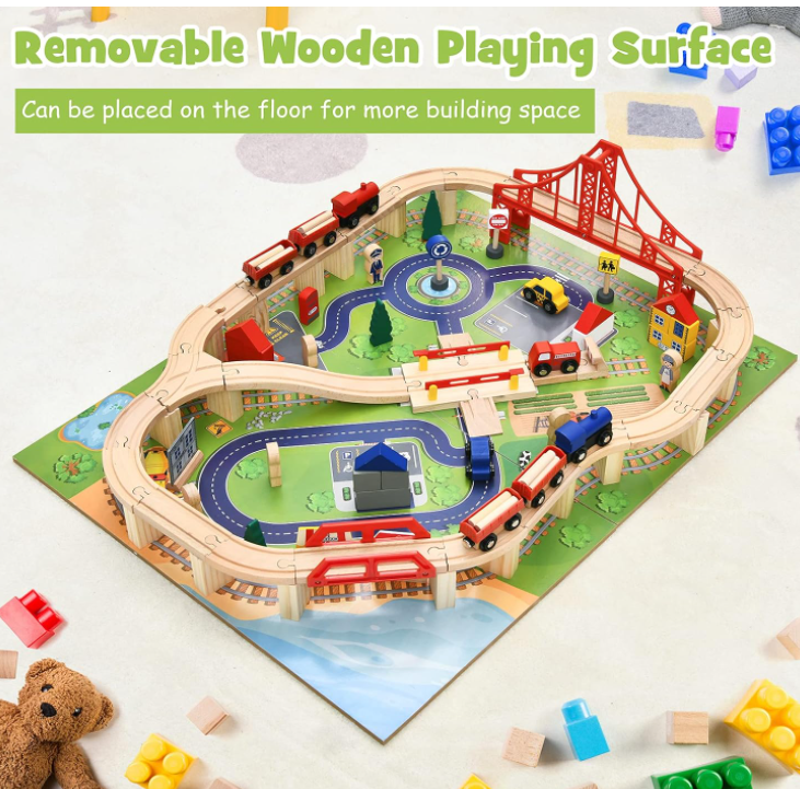 Kids Wooden Train Track Railway Set Table with 100 Multicolor Pieces