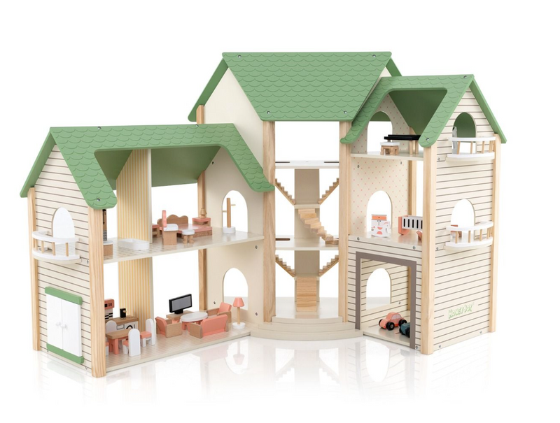 Corner Wooden DIY Dollhouse Playset with 34-Piece Furniture & Accessories