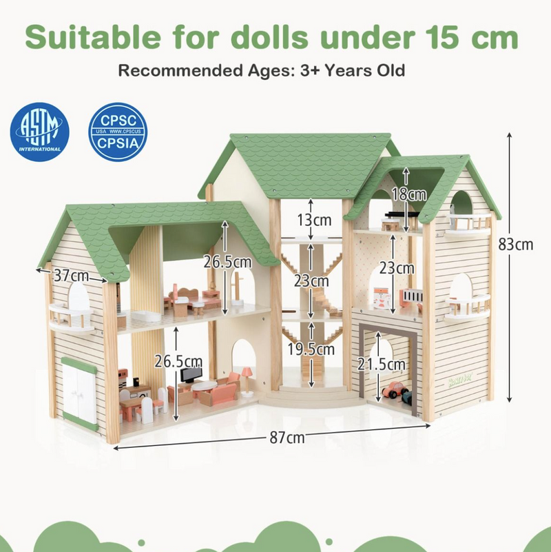 Corner Wooden DIY Dollhouse Playset with 34-Piece Furniture & Accessories