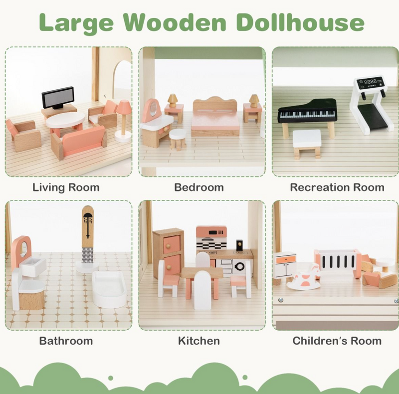 Corner Wooden DIY Dollhouse Playset with 34-Piece Furniture & Accessories