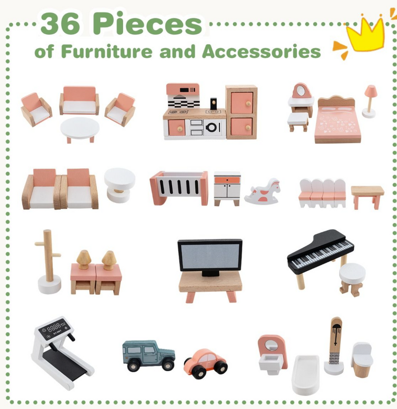 Corner Wooden DIY Dollhouse Playset with 34-Piece Furniture & Accessories