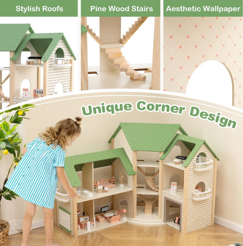 Corner Wooden DIY Dollhouse Playset with 34-Piece Furniture & Accessories