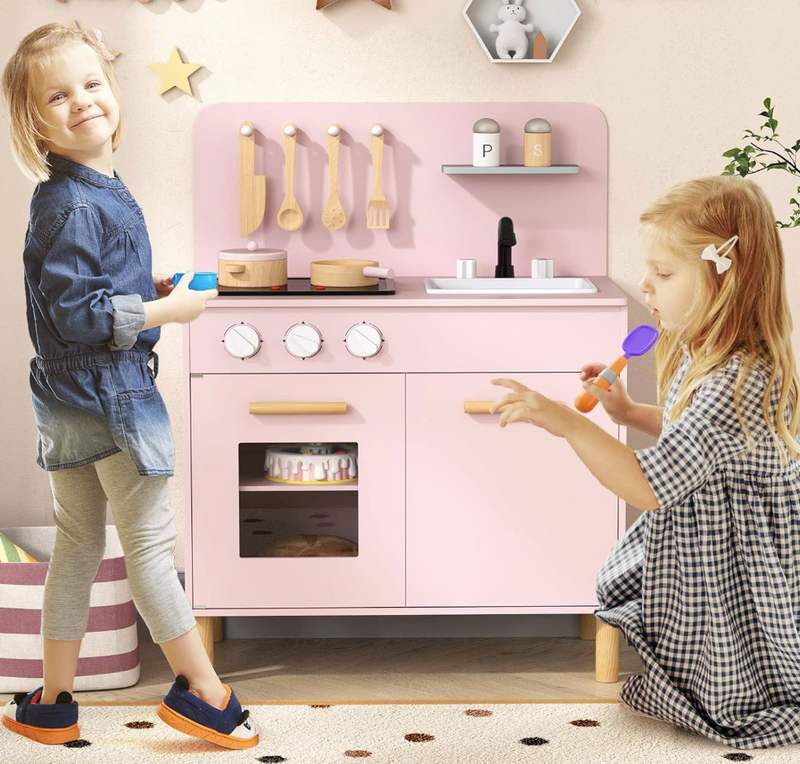 Kids Kitchen Playset, Toddler Pretend Play Kitchen with Light up Stove & Cooking Sounds