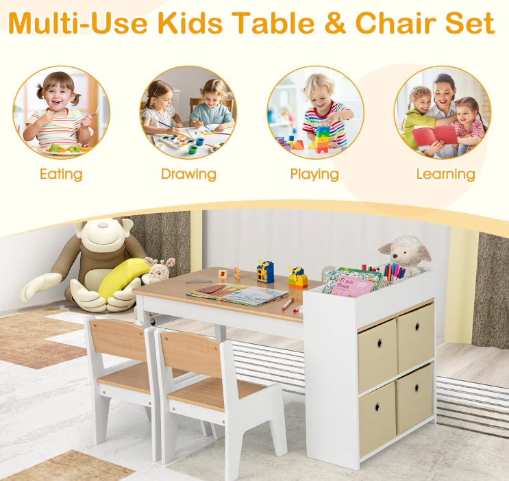 Rever Bebe  Kids Art Table & Chairs Set w/Paper Roll