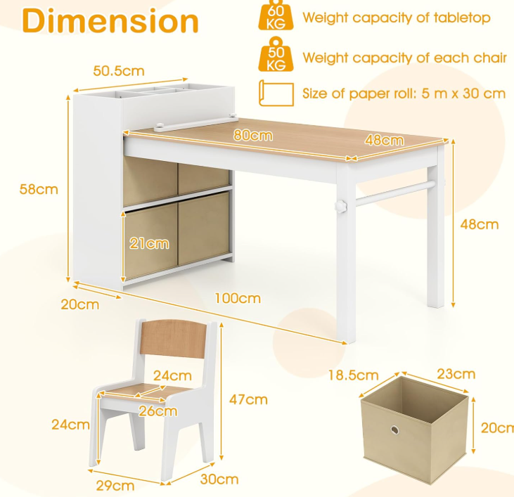 Rever Bebe  Kids Art Table & Chairs Set w/Paper Roll