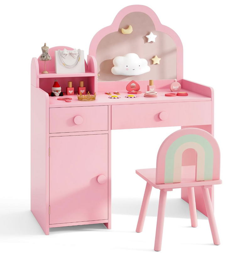 Rever Bebe 2-in-1 Kids Vanity Set w/Mirror, Princess Makeup Table pink