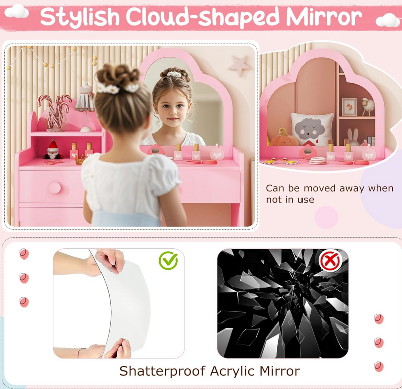 Rever Bebe 2-in-1 Kids Vanity Set w/Mirror, Princess Makeup Table pink