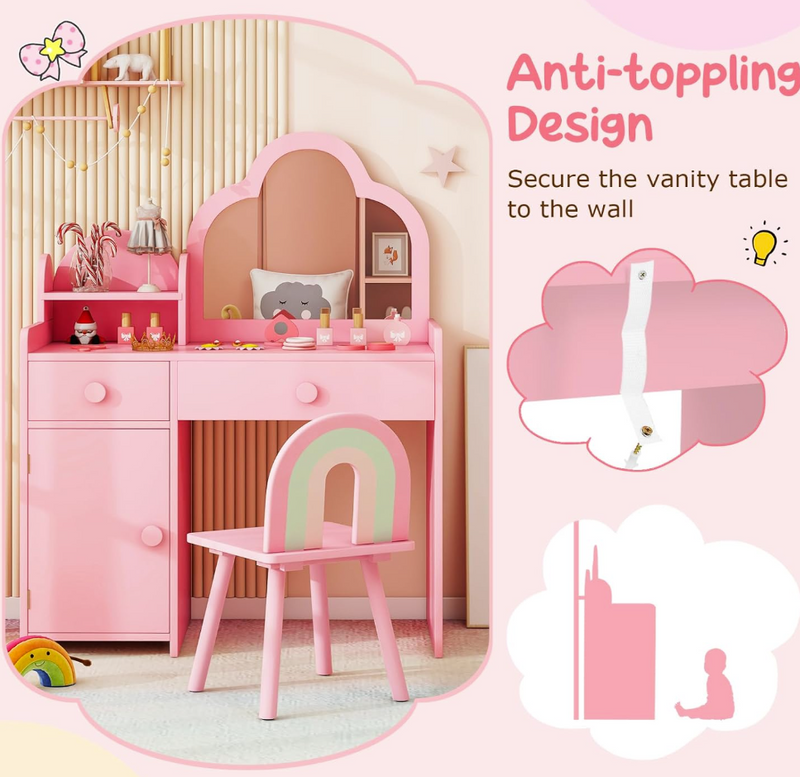 Rever Bebe 2-in-1 Kids Vanity Set w/Mirror, Princess Makeup Table pink