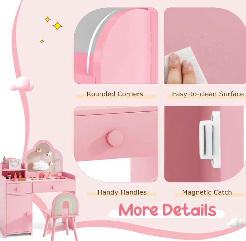 Rever Bebe 2-in-1 Kids Vanity Set w/Mirror, Princess Makeup Table pink