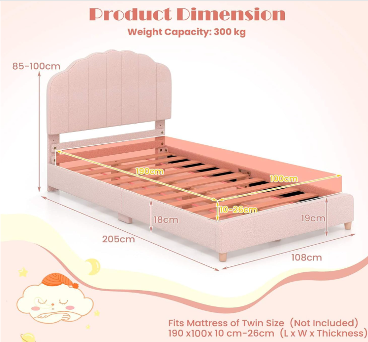 Rever Bebe Snuggle Kids single bed in pink teddy with mattress