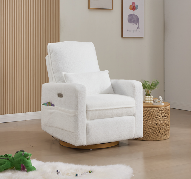 Rever Bebe Serena Electric nursery recliner — Coconut Teddy recliner in a styled room