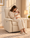 AI-staged lifestyle image of a mum cuddling her baby in the Rever Bebe Ollie Ivory nursery chair