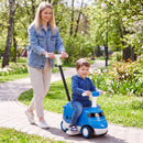 The blue 2-in-1 ride on push car for toddlers features a detachable handle, horn sounds, and under-seat storage for fun play.
