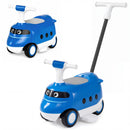 Blue 2-in-1 ride on push car for toddlers features a bullet train design, horn sounds, and under-seat storage for toys.