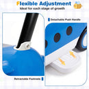 Detachable push handle and retractable footrests on the blue 2-in-1 ride on push car for toddlers support growth stages.