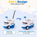 2-in-1 ride on push car in blue features a bullet train design, horn sounds, and under-seat storage for toddlers.