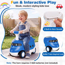 Blue 2-in-1 ride on push car for toddlers features a bullet train design, built-in horn sounds, and under-seat storage.