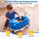 Blue 2-in-1 ride on push car for toddlers features a storage compartment for toys and snacks, encouraging tidy habits.