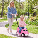 The pink 2-in-1 ride on push car for toddlers features a detachable handle, horn sounds, and under-seat storage for fun play.