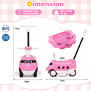 2-in-1 pink ride on push car for toddlers features a bullet train design, under-seat storage, and detachable push handle.