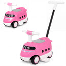 Pink 2-in-1 ride on push car for toddlers features a bullet train design, horn sounds, and under-seat storage for toys.
