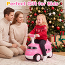 The pink 2-in-1 ride on push car for toddlers features a bullet train design, horn sounds, and under-seat storage for fun play.