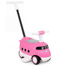 Pink 2-in-1 ride on push car for toddlers features a detachable handle, horn sounds, and under-seat storage for fun play.
