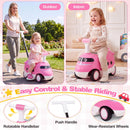 2-in-1 pink ride on push car for toddlers features a rotatable handlebar, horn sounds, and under-seat storage for fun play.