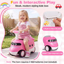 Pink 2-in-1 ride on push car for toddlers features a bullet train design, built-in horn sounds, and under-seat storage.