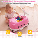 The pink 2-in-1 ride on push car features an under-seat storage compartment for toys and snacks, promoting tidy habits.