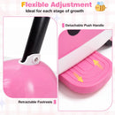 Detachable push handle and retractable footrests on the pink 2-in-1 ride on push car for toddlers support growth and fun.