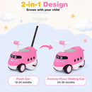 Pink 2-in-1 ride on push car for toddlers features a bullet train design, horn sounds, and under-seat storage for fun play.