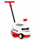 The 2-in-1 ride on push car for toddlers features a bullet train design, detachable handle, and under-seat storage.