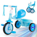 Foldable blue toddler tricycle with lighting wheels, adjustable seat, and sturdy design for children aged 2-5 years.