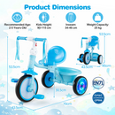 Foldable blue toddler tricycle with adjustable seat and light-up rear wheels for children aged 2-5 years, promoting balance and fun.